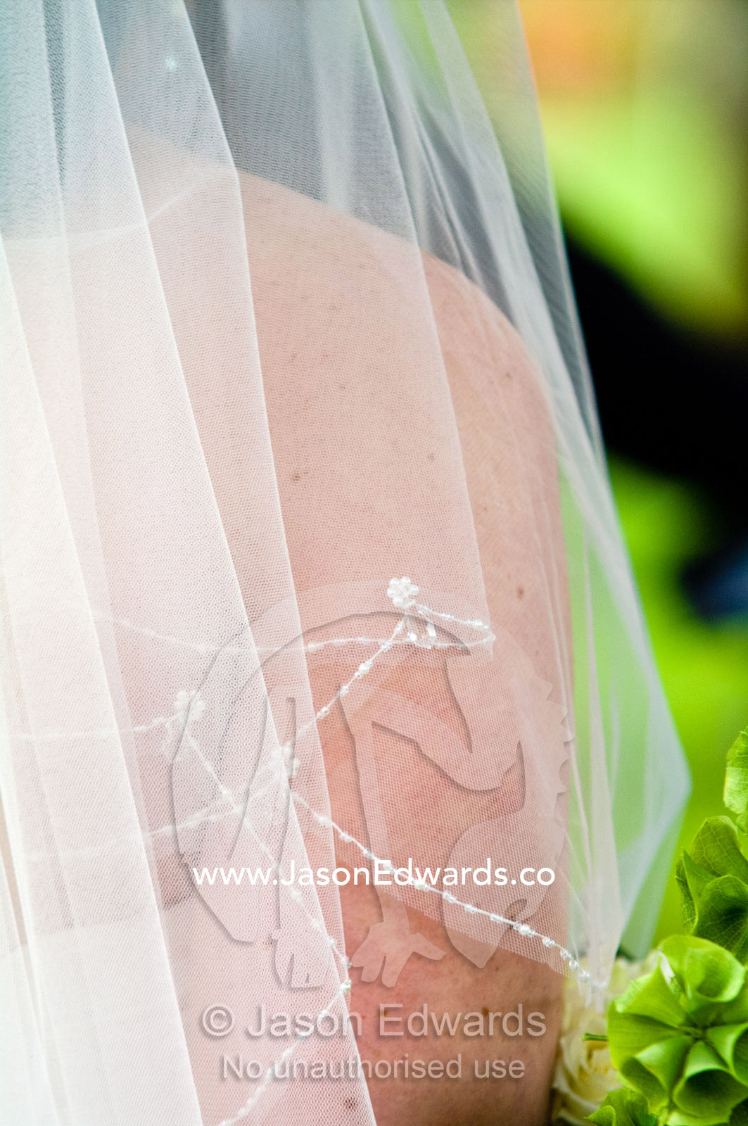 Delicate flowers sown into the fine tulle of a brides wedding veil. Park Orchards, Melbourne, Victoria, Australia.