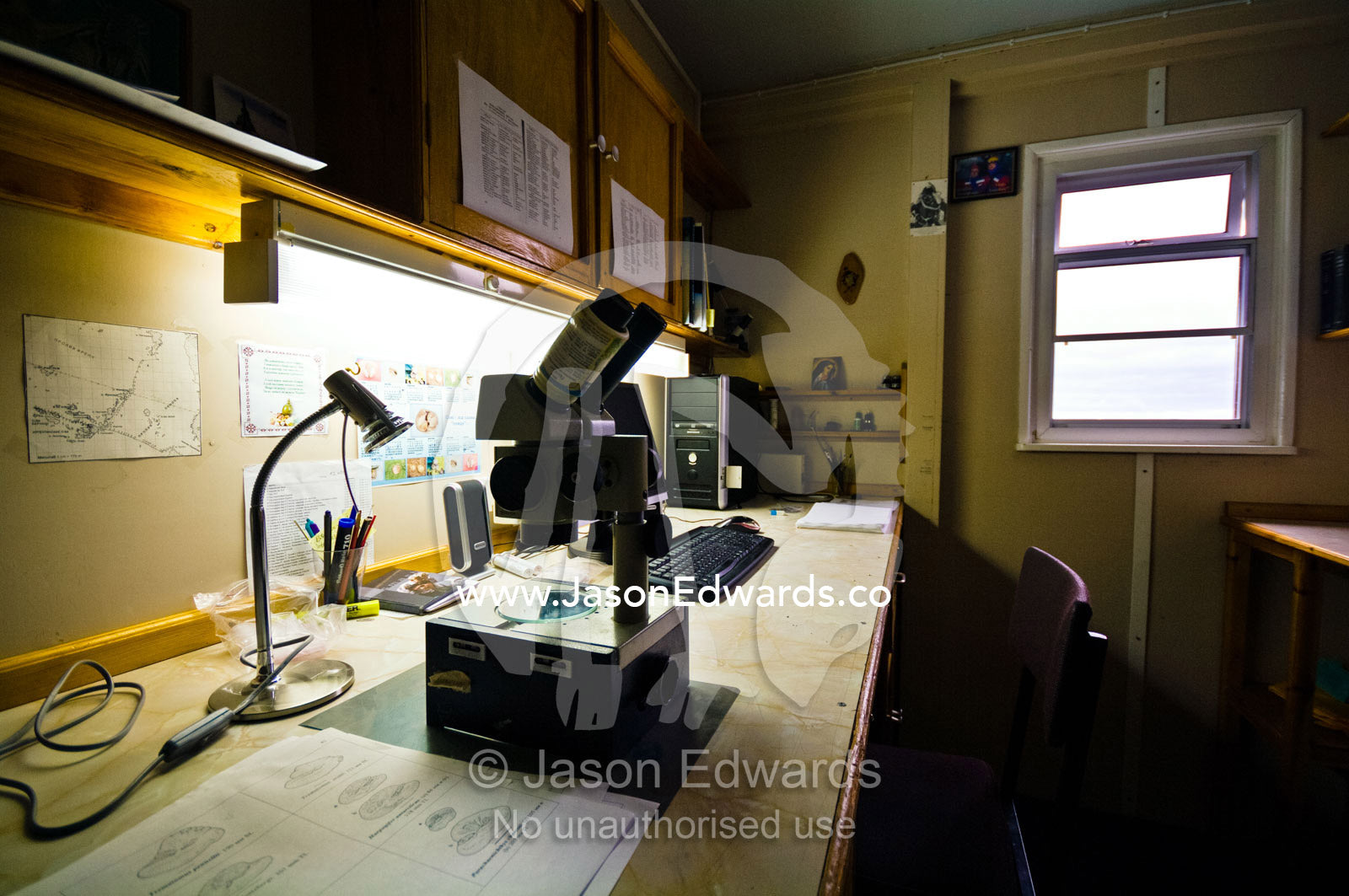 A microscope in a science laboratory in a Ukrainian research station. Vernadsky Antarctic Research Base, Galindez Island, Argentine Islands, Faraday Islands, Antarctic Peninsula, Antarctica.