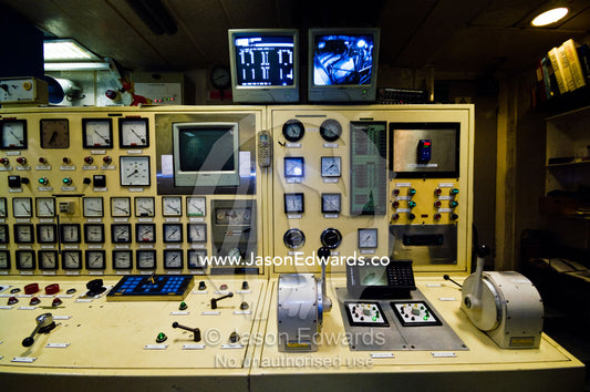 An Antarctic ship's engine control room and dual propeller throttles. Errera Channel, South Shetland Islands, Antarctic Peninsula, Antarctica.