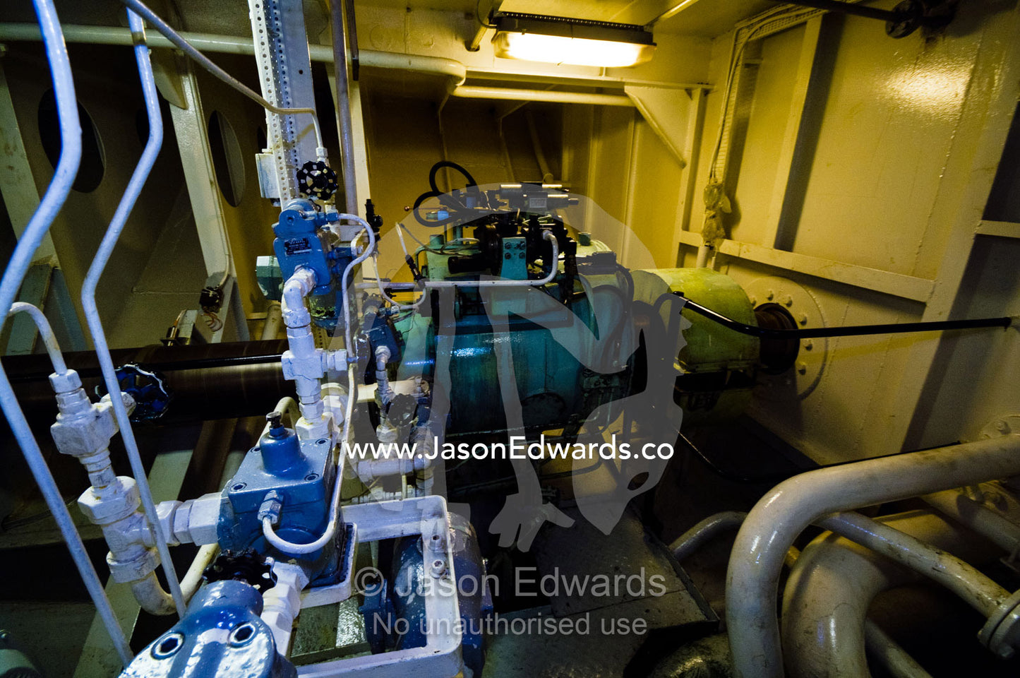 The engine room and a propeller shaft in an Antarctic ship. Errera Channel, South Shetland Islands, Antarctic Peninsula, Antarctica.