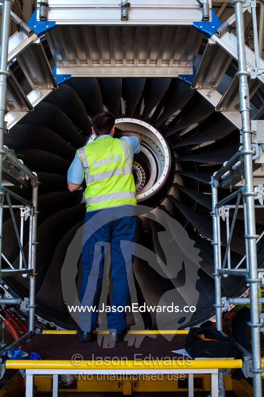 A jet airliner turbofan engine repaired by an aeronautical engineer. Kingsford Smith Airport, Mascot, Sydney, New South Wales, Australia.