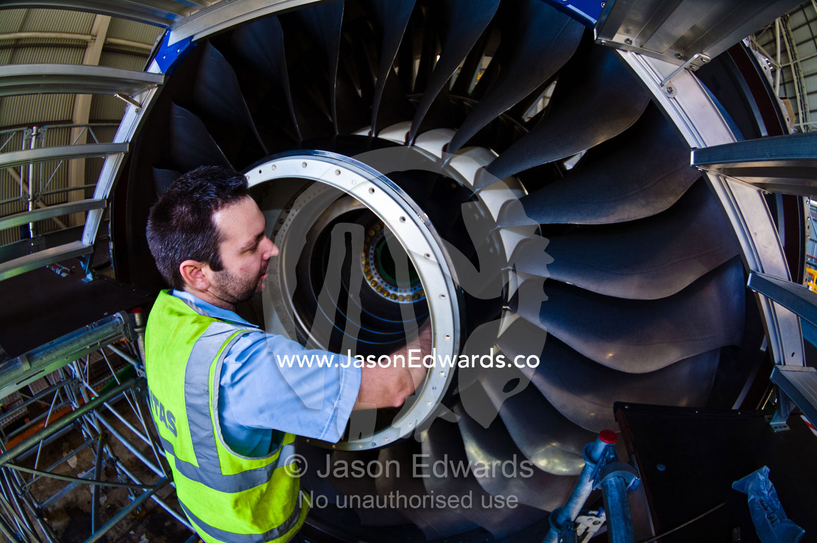 A jet airliner turbofan engine repaired by an aeronautical engineer. Kingsford Smith Airport, Mascot, Sydney, New South Wales, Australia.