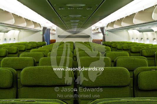 Rows of empty red economy class passenger seats in a plane cabin. Kingsford Smith Airport, Mascot, Sydney, New South Wales, Australia.