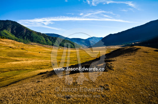 The world's highest wetland runs through a valley surrounded by forested hills in the Himalaya. Phobjikha Conservation Area, Phobjika Valley, Phobjikha Valley, Gangteng Valley, Black Mountains, Bhutan.