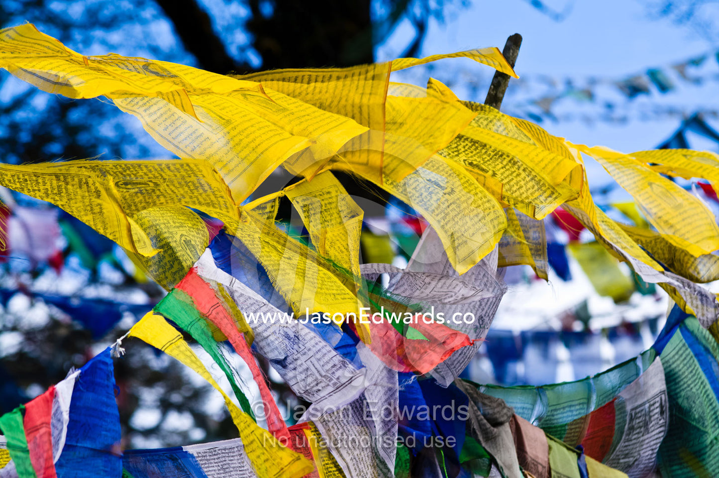 Colorful prayer flags flutter in the wind on a Himalayan mountain. 108 Druk Wangyal Khangzang Chortens, Dochula Pass, Thimphu District, Bhutan.