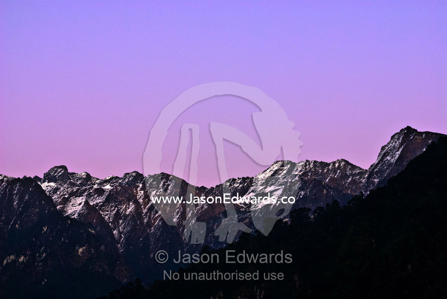 A pink and purple sunset afterglow touches the jagged snowy peaks of the Himalaya. Jigme Dorji National Park, Gasa District, Bhutan.