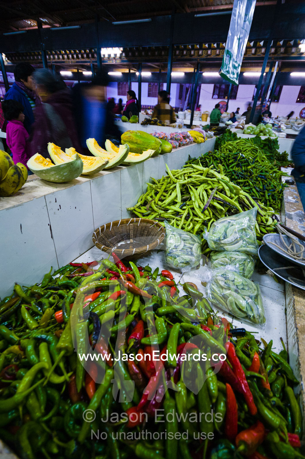 Fresh, healthy and organic vegetables for sale in a Himalayan farmers market. Thimphu, Thimphu District, Bhutan.