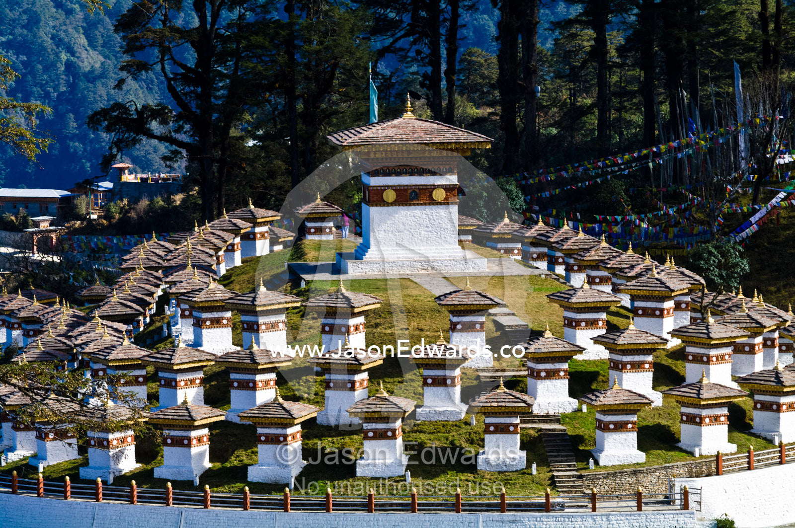 The 108 chortens dedicated to the King of Bhutan on a mountain pass. 108 Druk Wangyal Khangzang Chortens, Dochula Pass, Thimphu District, Bhutan.
