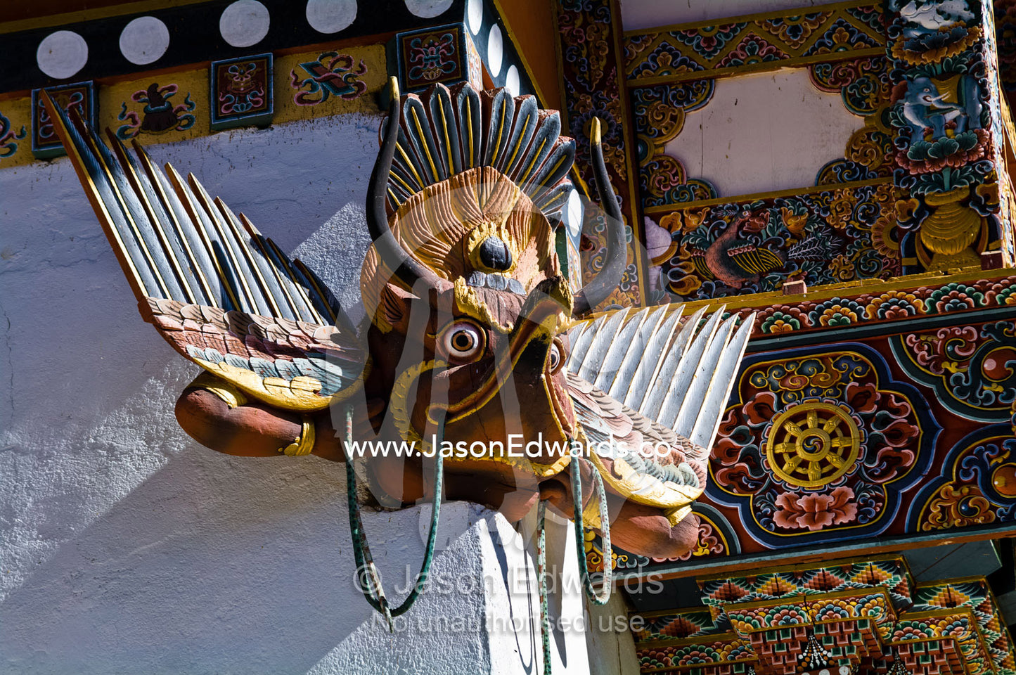 An ornate carving of the fierce and imposing Buddhist Deva, Garuda. Gangteng Monastery, Ganteng, Wangdue Phodrang District, Phobjika Valley, Phobjikha Valley, Gangteng Valley, Black Mountains, Bhutan.