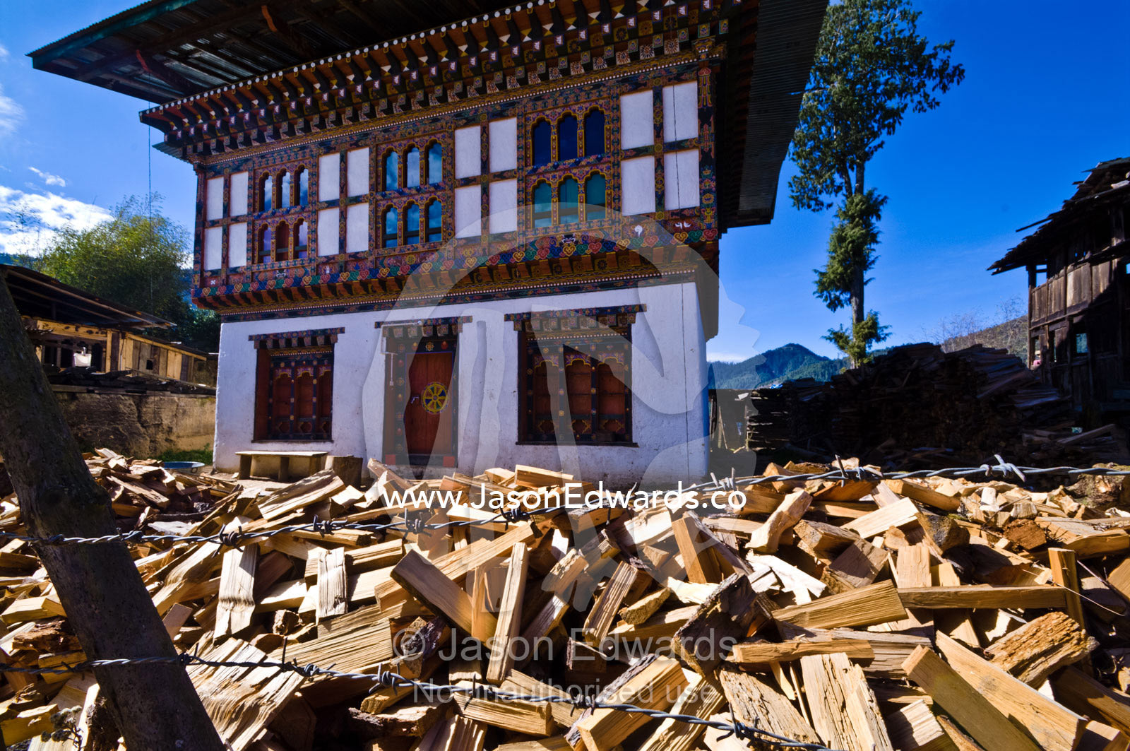 Piles of freshly cut fire wood waiting to be stacked around a Bhutanese home in preparation for winter. Ganteng, Wangdue Phodrang District, Phobjika Valley, Phobjikha Valley, Gangteng Valley, Black Mountains, Bhutan.