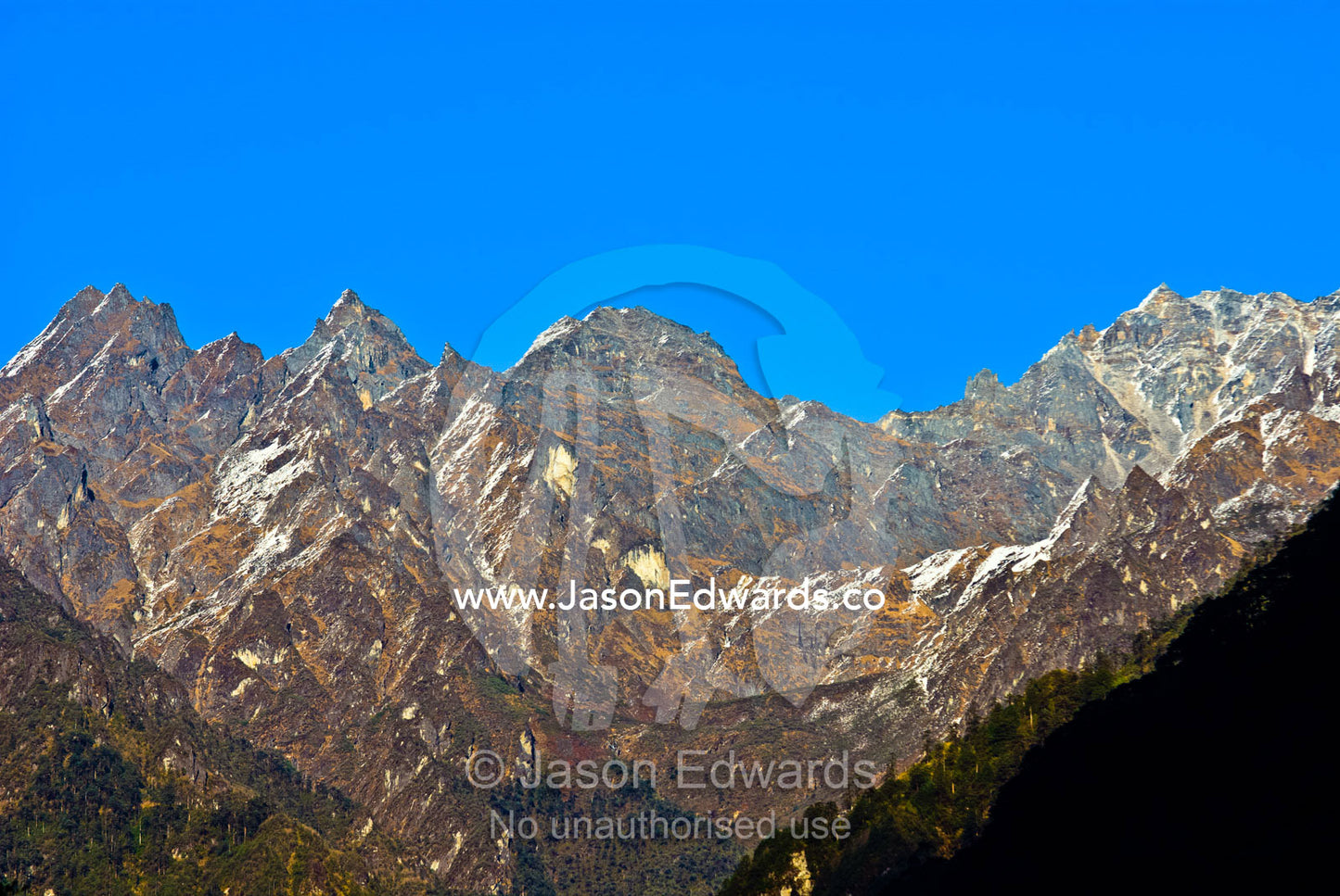 Sheer jagged Himalayan mountain peaks cut into a clear blue sky along the horizon. Jigme Dorji National Park, Gasa District, Bhutan.