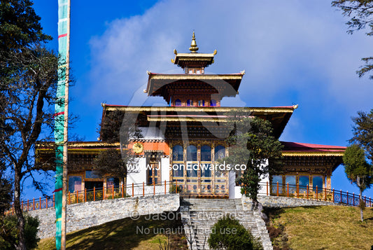 Steps lead to a war memorial on a Himalayan mountain top. 108 Druk Wangyal Khangzang Chortens, Dochula Pass, Thimphu District, Bhutan.