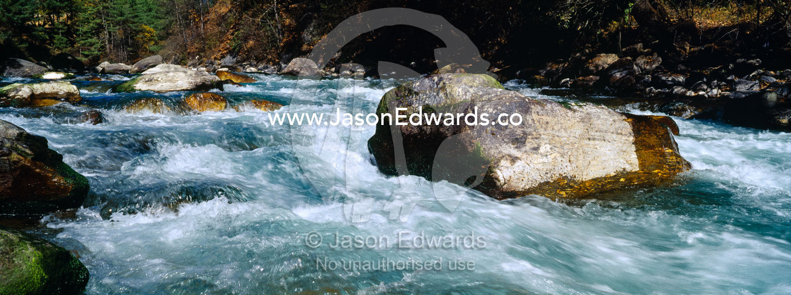 Turquoise rapids swirl around boulders in the current of a pristine Himalayan river. Punakha River, Punakha Valley, Punakha-Wangdiphodrang District, Bhutan.
