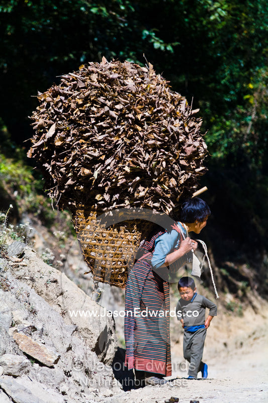 A small boy and his mother carry a huge basket of leaves and twigs on her back from her farm in the Himalaya mountains. Jigme Dorji National Park, Gasa District, Bhutan.