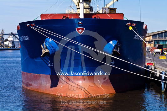 An enormous new cargo ship birthed at a dock waiting to be loaded. Yarra River, Appleton Dock, Port of Melbourne, West Melbourne, Victoria, Australia.