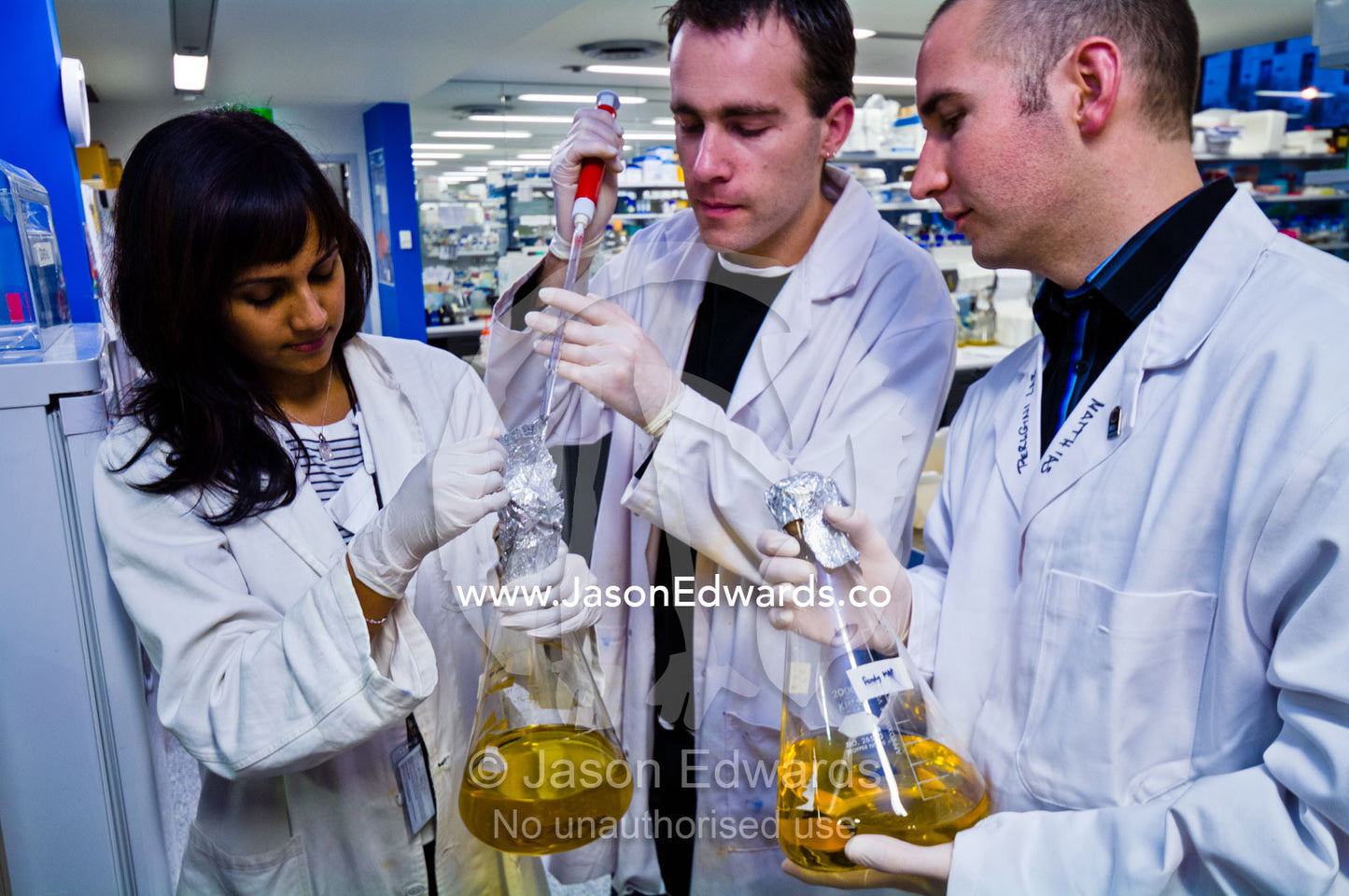 Scientists grow Escherichia coli cultures to express proteins. Bio21 Molecular Science and Biotechnology Institute, University of Melbourne, Parkville, Melbourne, Victoria, Australia.