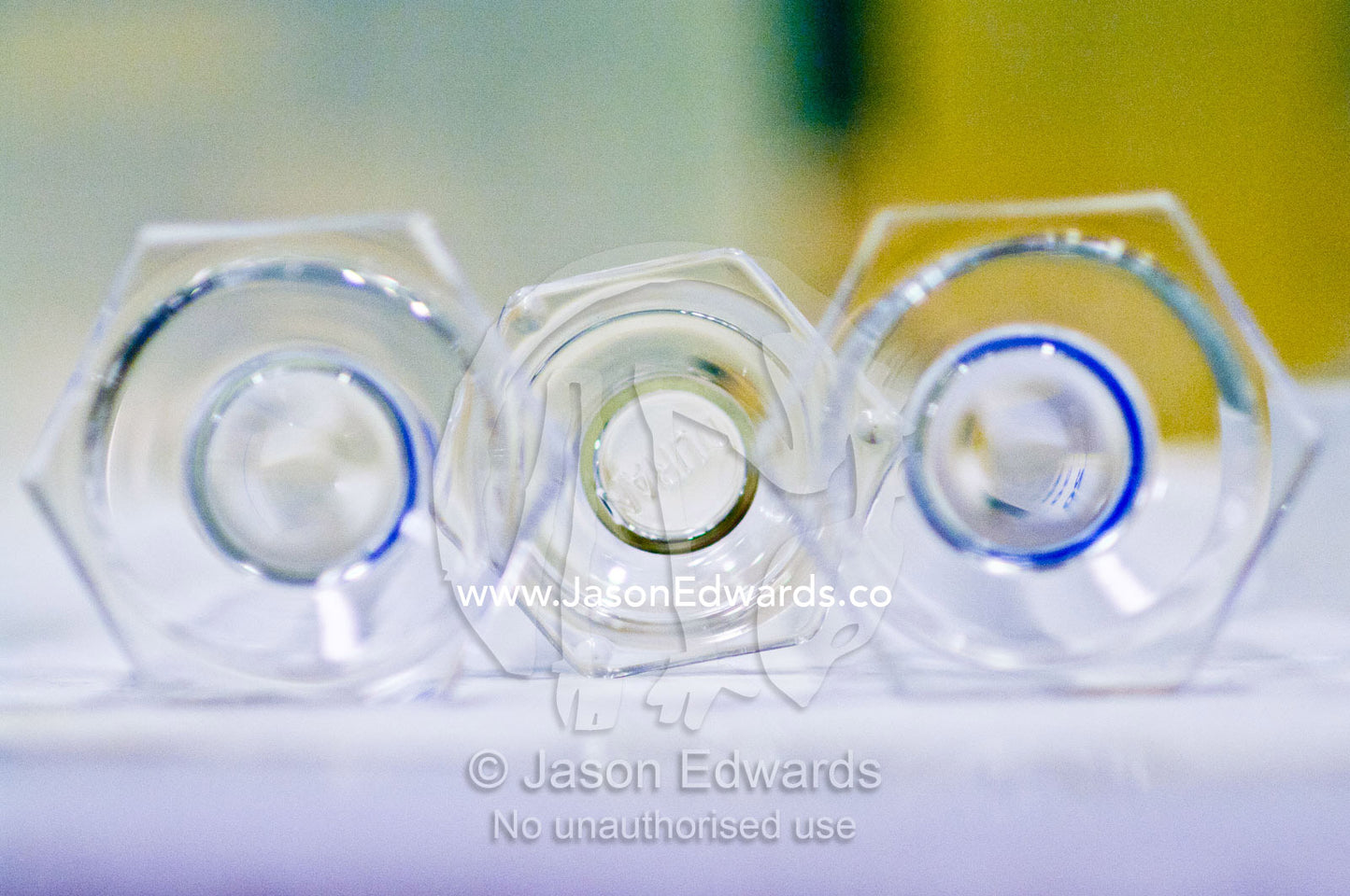 The bottom of volumetric cylinders used to measure volumes of liquids. Bio21 Molecular Science and Biotechnology Institute, University of Melbourne, Parkville, Melbourne, Victoria, Australia.