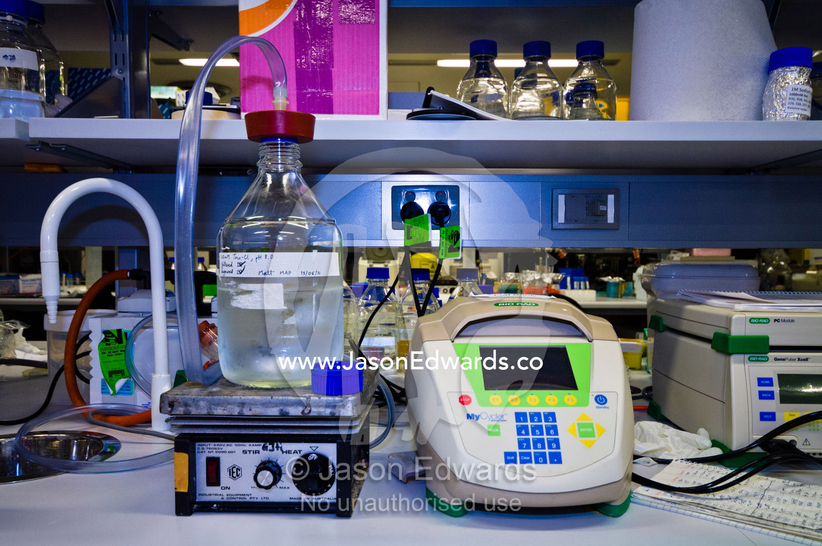 A lab buffer rests on a stirrer which is attached to a vacuum pump. Bio21 Molecular Science and Biotechnology Institute, University of Melbourne, Parkville, Melbourne, Victoria, Australia.