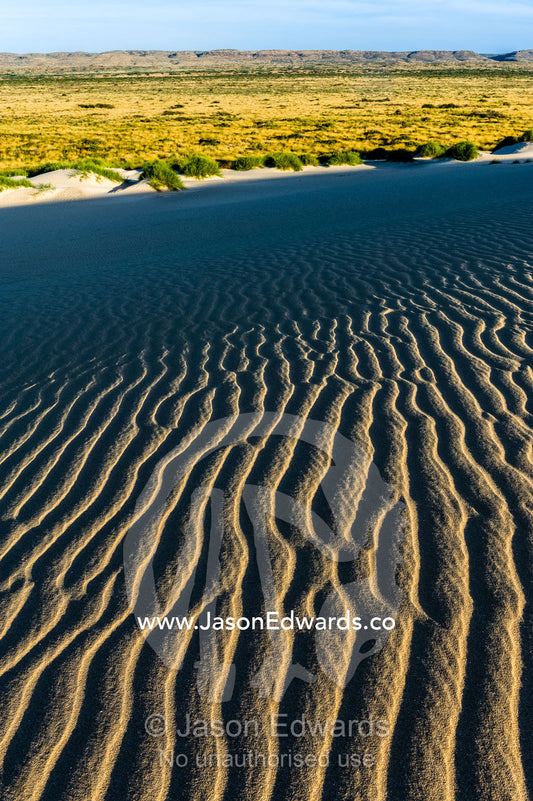 Shadows fall over ripples on a coastal desert sand dune at sunset. Cape Range National Park, Exmouth, Ningaloo Reef, Western Australia, Australia.