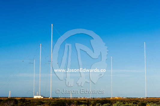 Radio relay station antennas communicate between ships and submarines. Naval Communication Station Harold E. Holt, Exmouth, Ningaloo Reef, Western Australia, Australia.