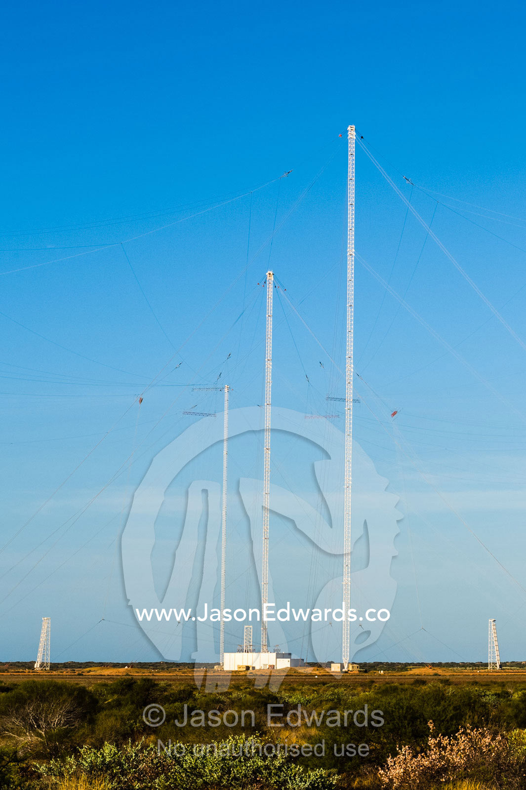 Radio relay station antennas communicate between ships and submarines. Naval Communication Station Harold E. Holt, Exmouth, Ningaloo Reef, Western Australia, Australia.