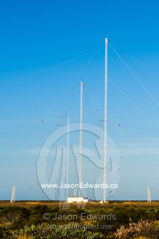 Radio relay station antennas communicate between ships and submarines. Naval Communication Station Harold E. Holt, Exmouth, Ningaloo Reef, Western Australia, Australia.