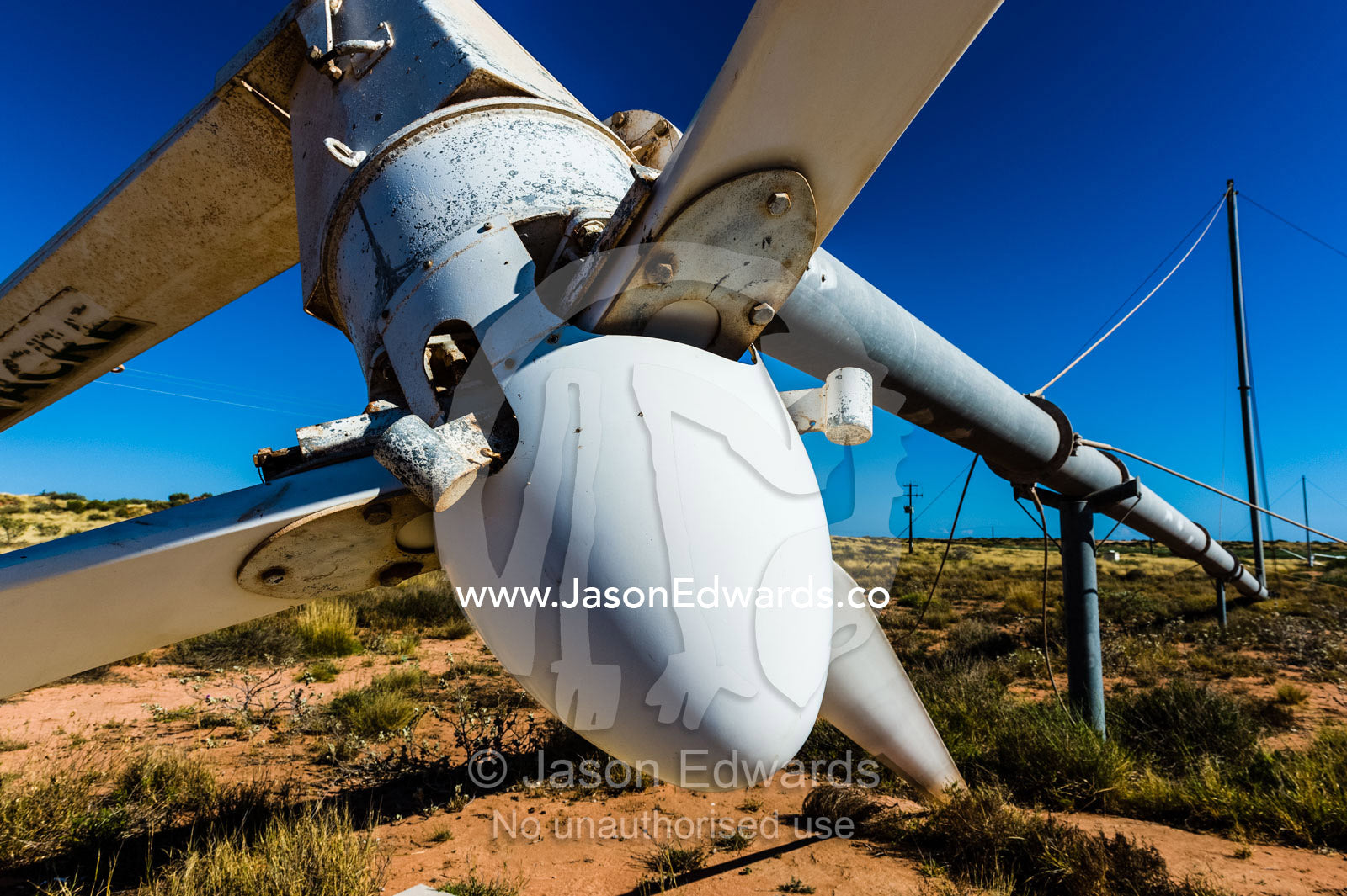 The propellor cone of a de-commissioned wind turbine in the desert. Cape Range National Park, Exmouth, Ningaloo Reef, Western Australia, Australia.