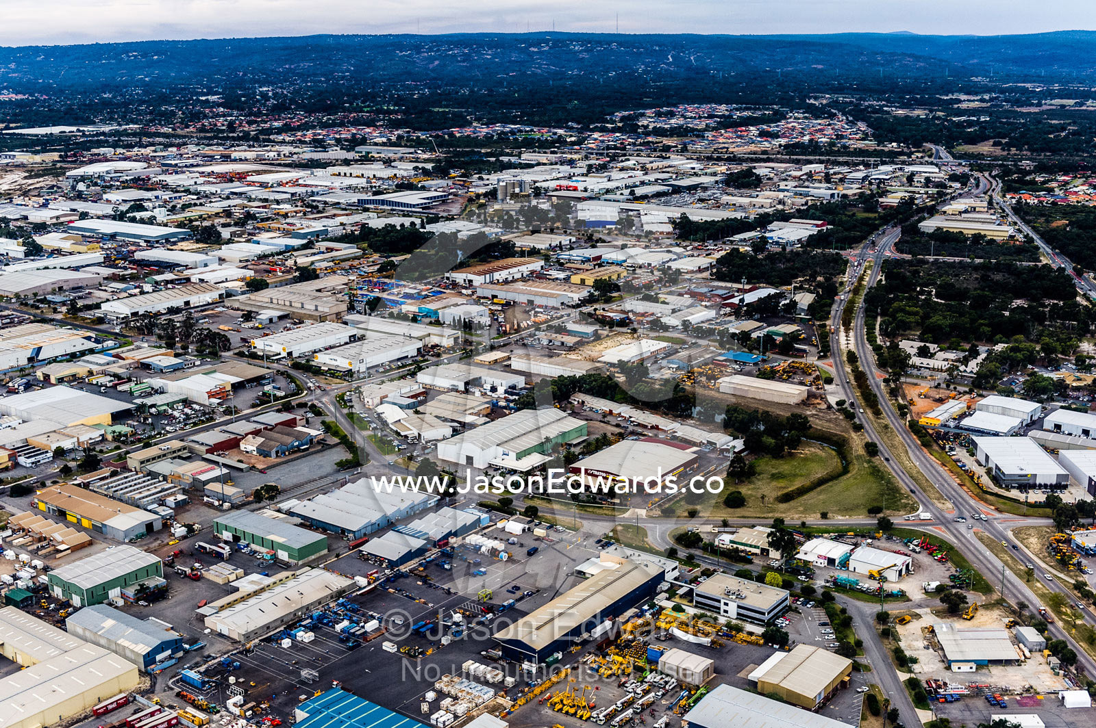 A factory and industrial precinct next to an international airport. Perth, Western Australia, Australia.