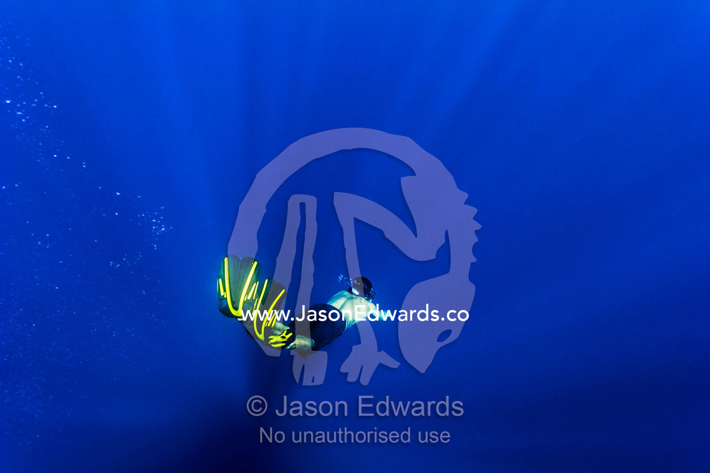 A free-diver descends through sun rays into the deep ocean depths. Exmouth, Ningaloo Reef, Ningaloo Marine Park, Western Australia, Australia.