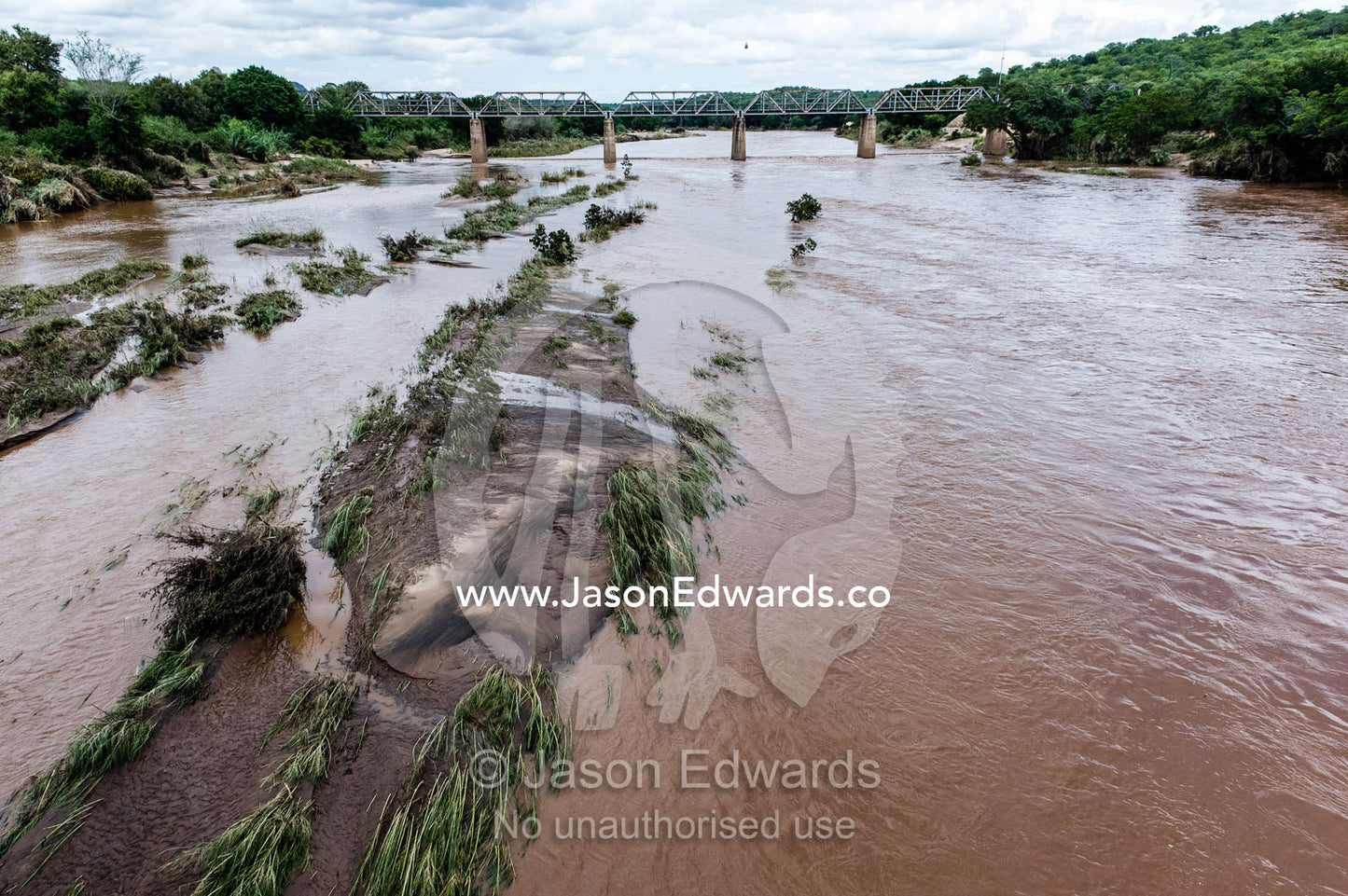 A flooded river swollen with silt flows beneath a railway bridge. Kruger National Park, South Africa.