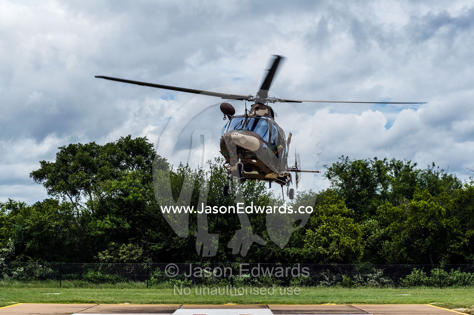 An Augusta Westland helicopter lands at an Airforce base. Kruger National Park, South Africa.