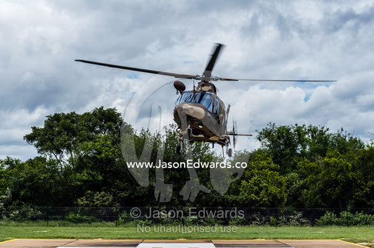 An Augusta Westland helicopter lands at an Airforce base. Kruger National Park, South Africa.