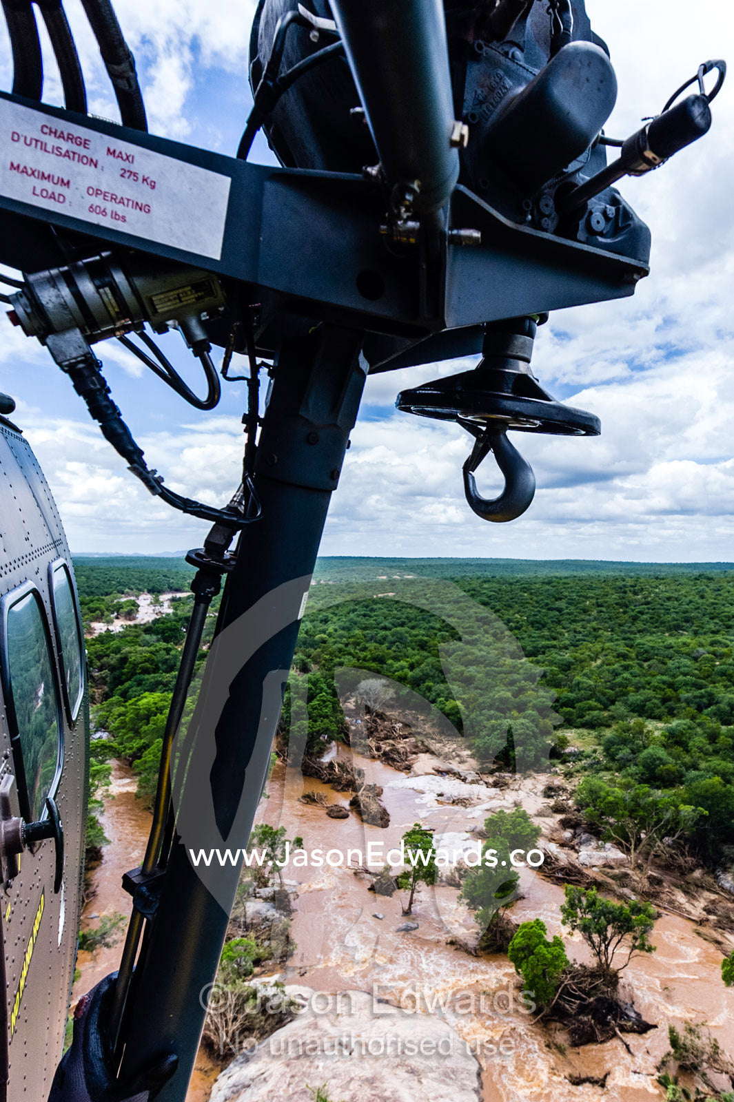 A rescue hook and motor winch of an airforce Atlas Oryx helicopter. Kruger National Park, South Africa.