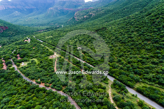 A road passing through a forested valley floor mountain pass. Blyde River Canyon, South Africa.