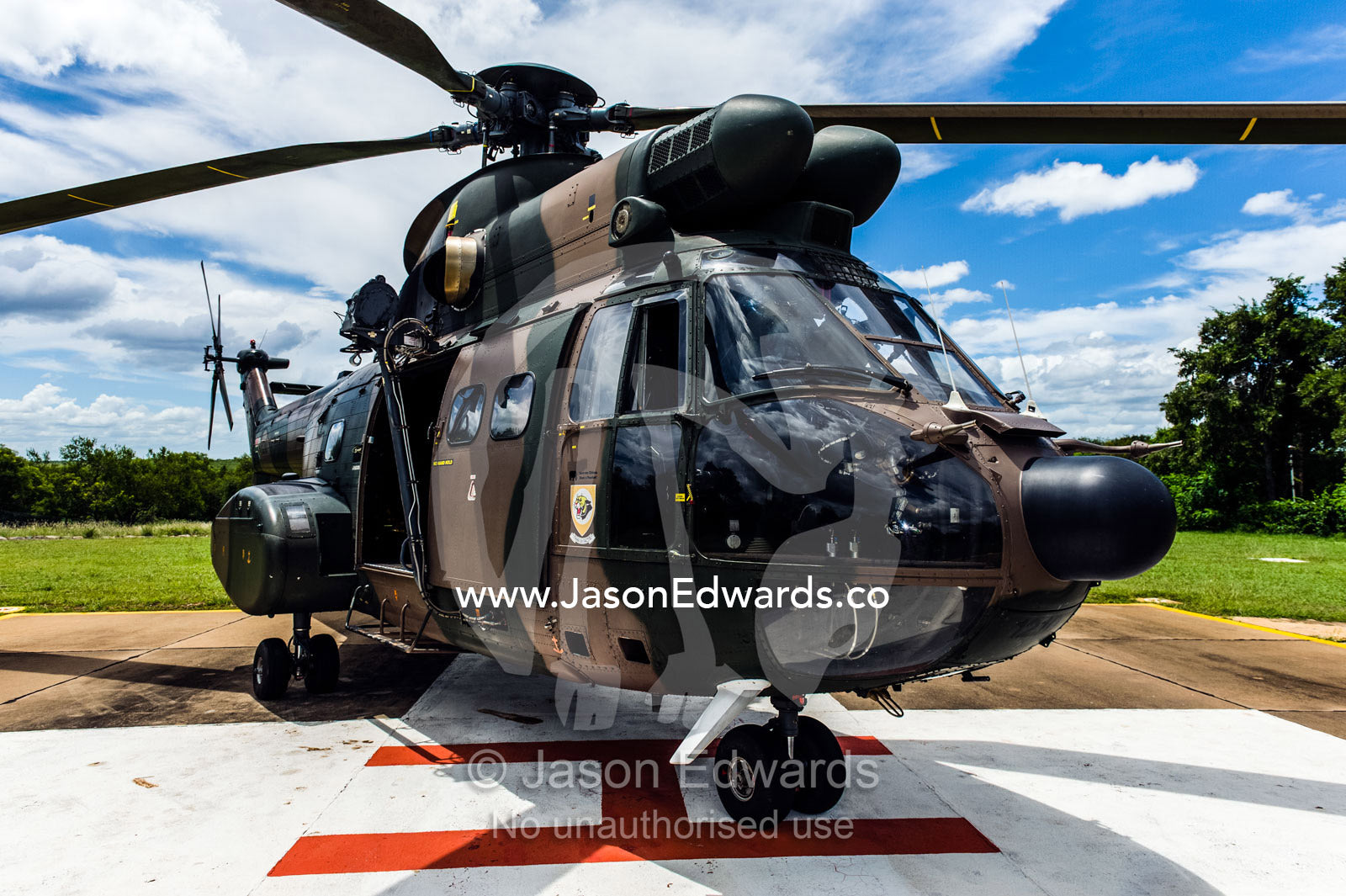An airforce Atlas Oryx helicopter on an airfield tarmac. Kruger National Park, South Africa.