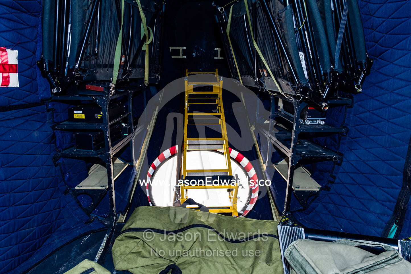 Emergency equipment and human body bags in a Atlas Oryx helicopter. Kruger National Park, South Africa.