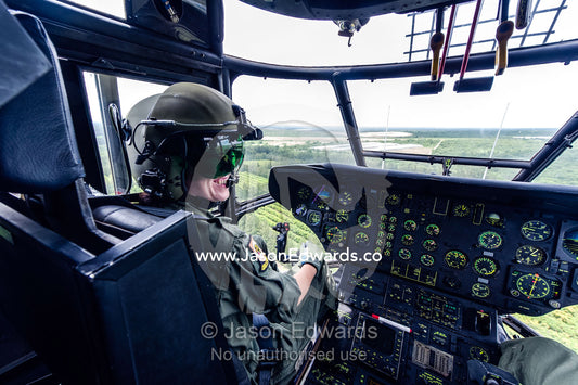 An Atlas Oryx helicopter pilot at the flight controls in the cockpit. Kruger National Park, South Africa.