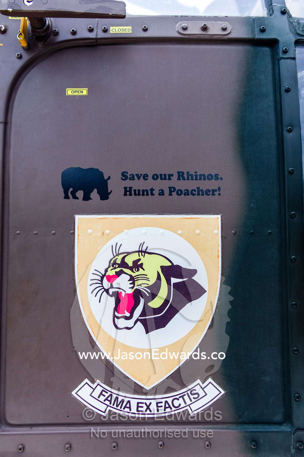 Rhino anti-poaching logo on the door of an airforce helicopter. Kruger National Park, South Africa.