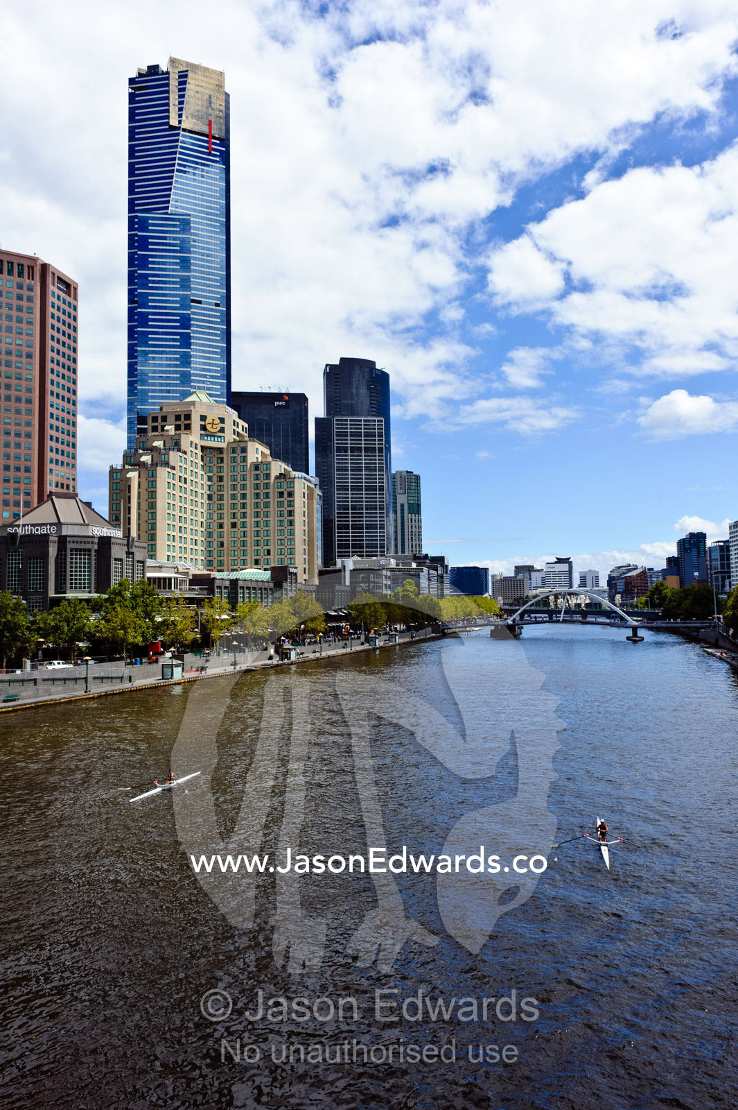 Rowers paddling on the Yarra River through downtown Melbourne. Princess Bridge, Yarra River, Southbank, Melbourne, Victoria, Australia.