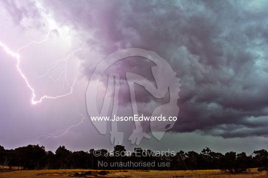 During thunder storms lightning can start fires in eucalyptus forests. Bendigo, Elphinstone, Victoria, Australia.