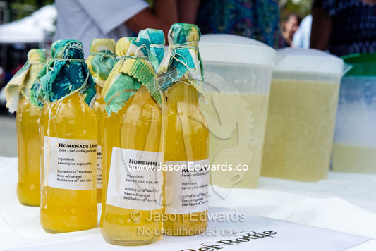 Homemade lemonade for sale at a school fete fundraiser stall. Carlton North, Melbourne, Victoria, Australia.