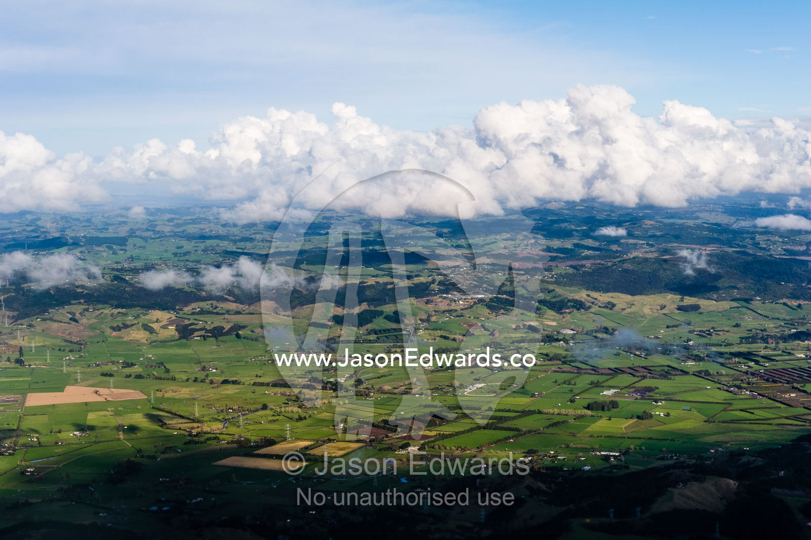 Lush rolling farmland stretching across New Zealand's north island. Auckland, New Zealand.