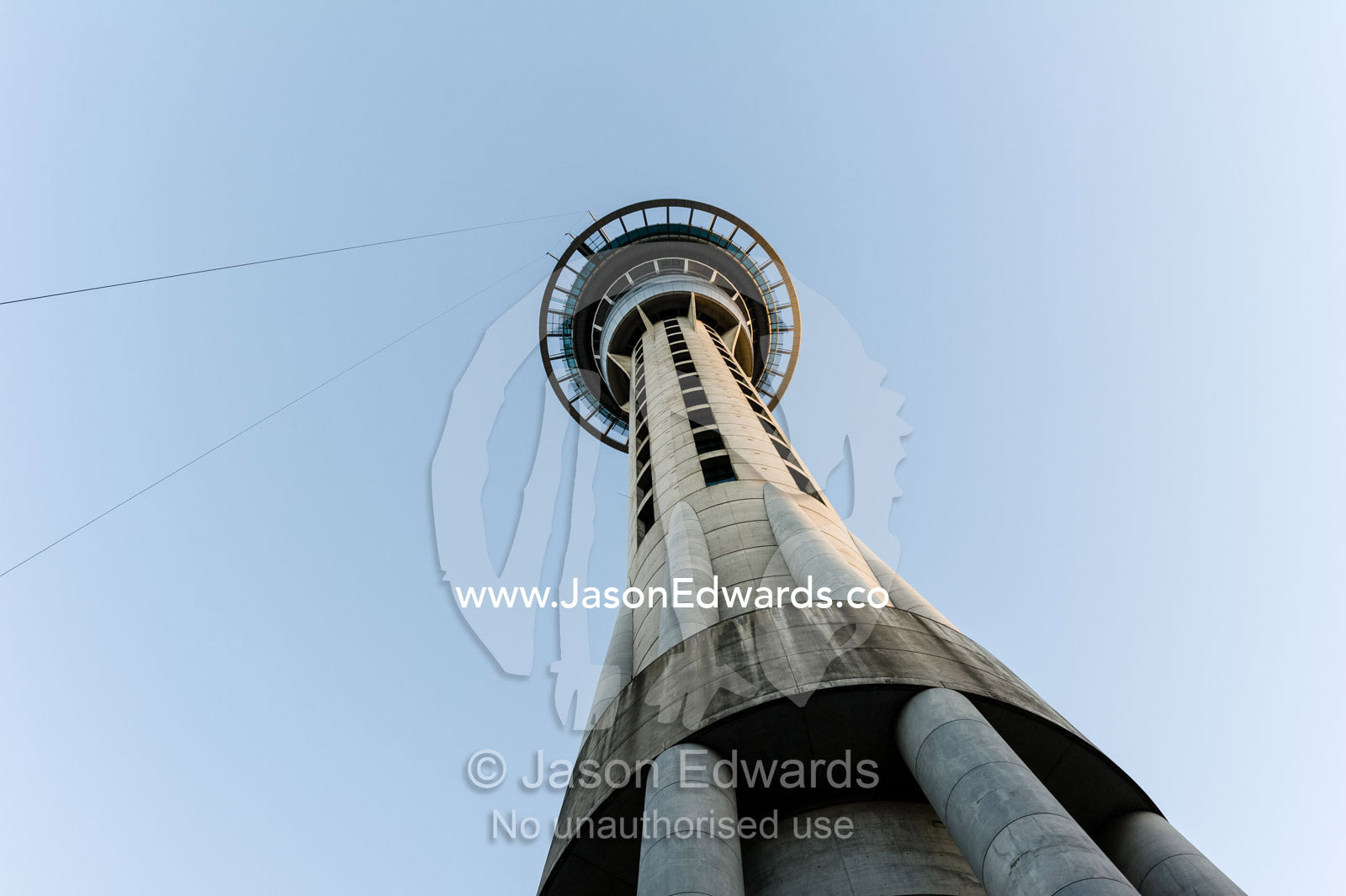 The enormous concrete rocket-like Sky Tower rises above Auckland city. Sky Tower, Auckland, New Zealand.