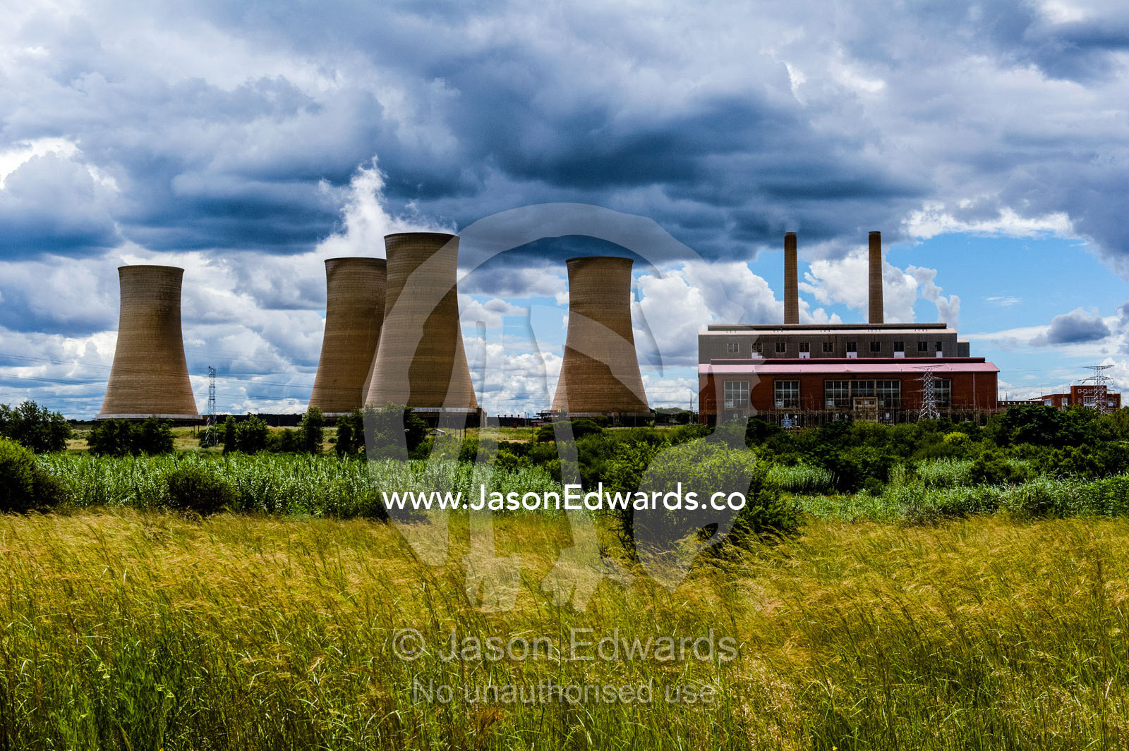 Cooling towers and chimneys of an electricity power station. Rooiwal, Rooiwal Power Station, Gauteng Province, South Africa.