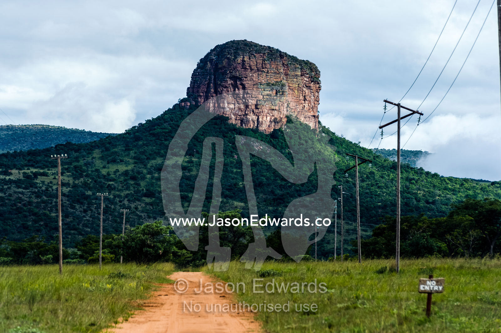 Entabeni Mountain rises above a track over a forested savannah plain. Waterberg Mountains, Entabeni Game Reserve, Limpopo Province, South Africa.