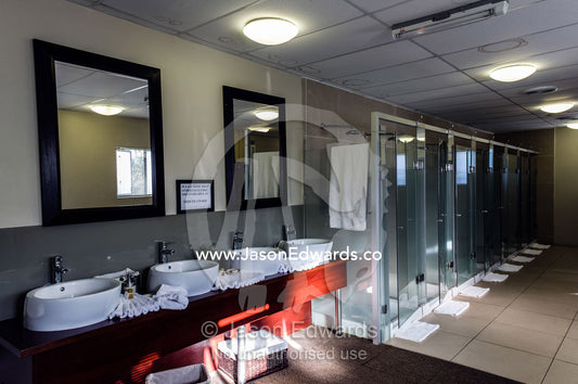 A temporary shower and bathroom at a golf club undergoing renovations. Waterberg Mountains, Entabeni Game Reserve, Limpopo Province, South Africa.