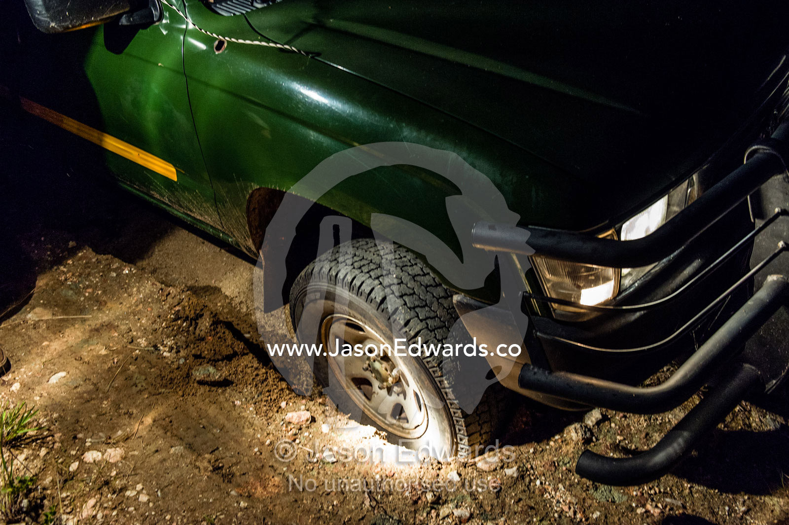 A safari 4 WD bogged on a sandy national park track after flood rains. Kruger National Park, Manyeleti Game Reserve, Limpopo Province, Mpumalanga Province, South Africa.