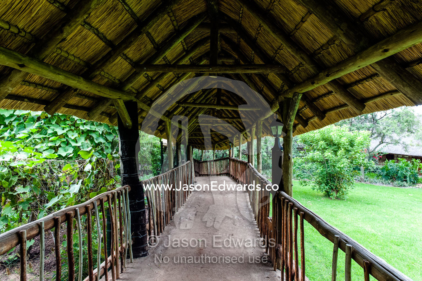 A thatched roof covered walkway in an African safari lodge. The Farm Inn, Pretoria, Gauteng Province, South Africa.