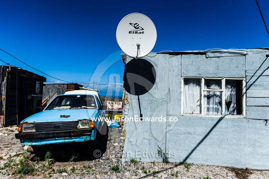 Township homes made of scrap metal for displaced African refugees. Red Hill Township and Pre-School, Cape Town, Western Cape, South Africa.