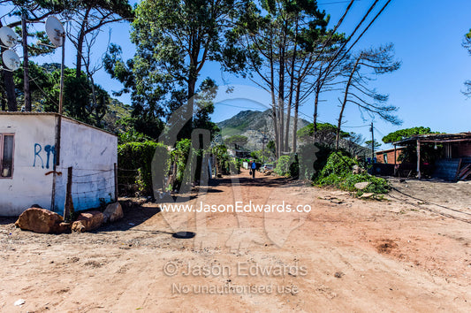 Township homes made of scrap metal for displaced refugee Africans. Red Hill Township and Pre-School, Cape Town, Western Cape, South Africa.